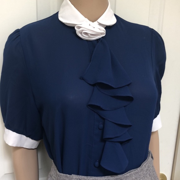 VTG 80’s Monique California Blue & White Sheer Short Sleeve Blouse Ruffle - Picture 2 of 6